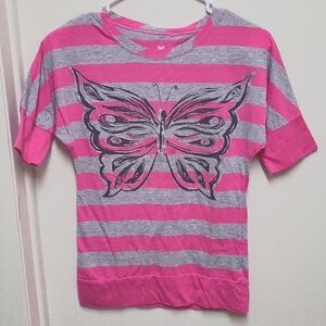 Green Soda Gray and Pink Stripe Elbow Sleeve Shirt with Silver & Black Butterfly